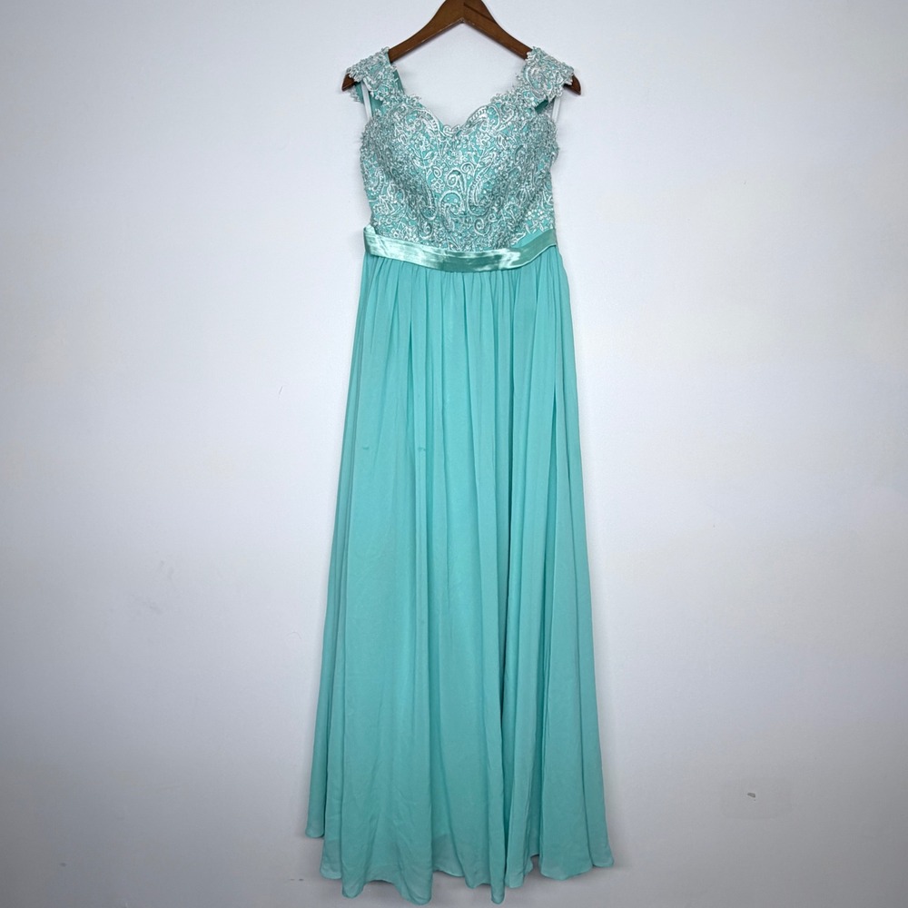 Yishaer Aqua Turquoise Lace Beaded Prom Dress Corset Back Size 14 NWT